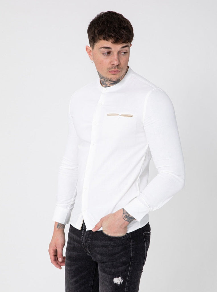 Frilivin-chemise en lin unis slim manche longue col mao blanc homme ilannfive 1