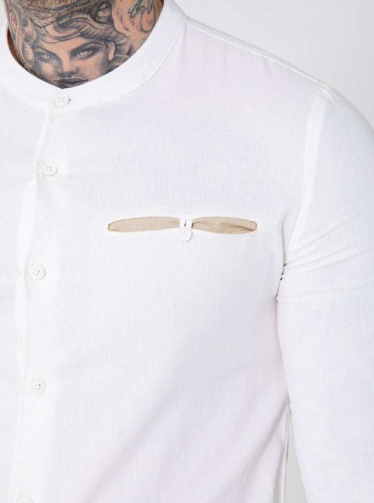 Frilivin-chemise en lin unis slim manche longue col mao blanc homme ilannfive detail