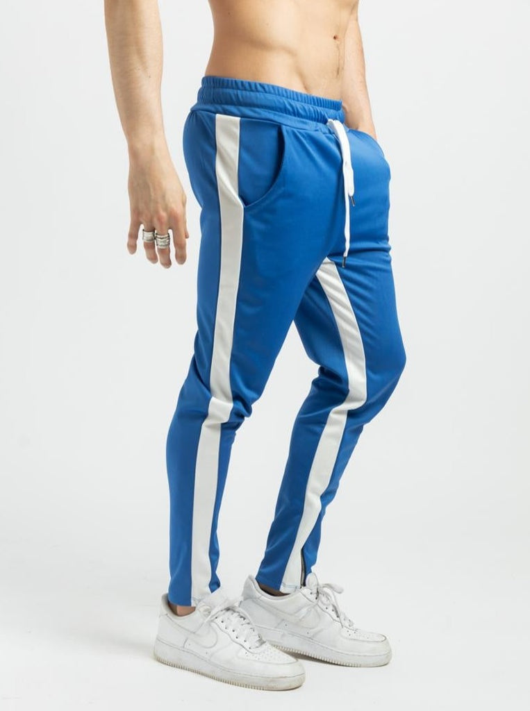 Frilivin pantalon jogging bleu à bande blanc slim homme ilannfive