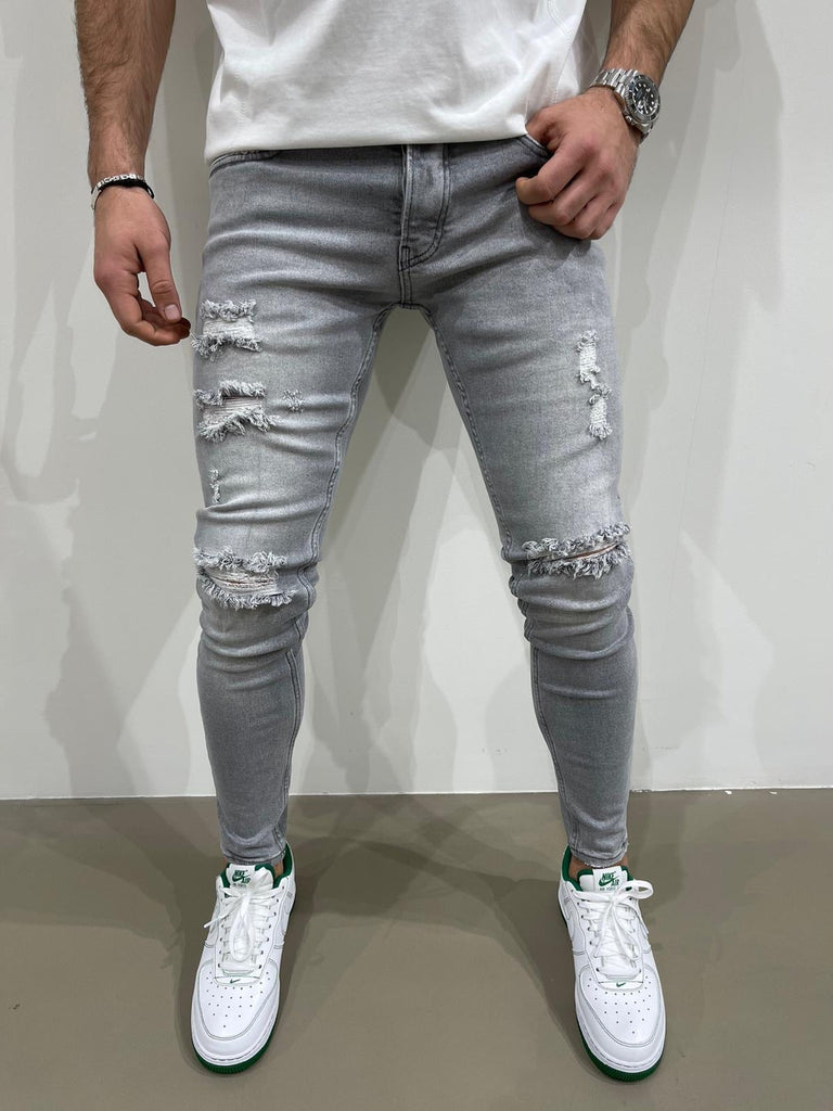 Jeans gris skinny fashion avec déchirures homme ilannfive
