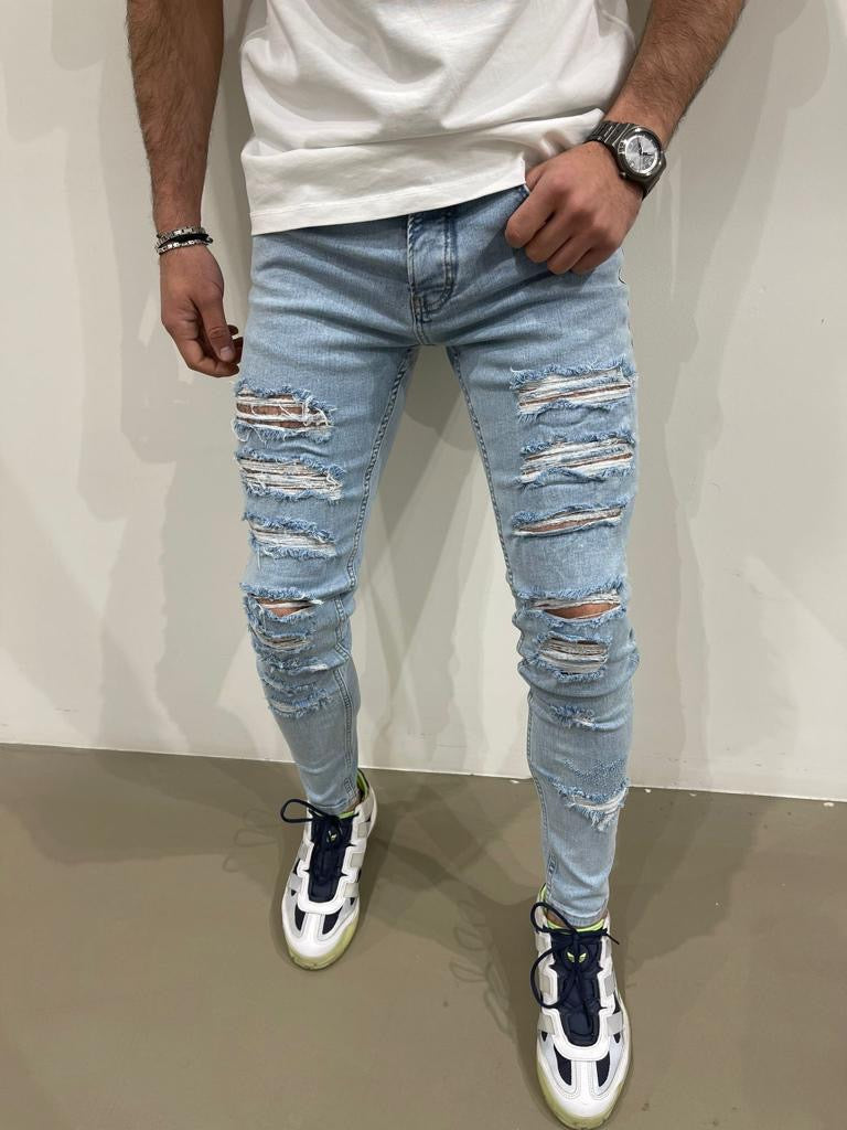 Jeans classique stylé bleu clair skinny destroyer fashion homme ilannfive