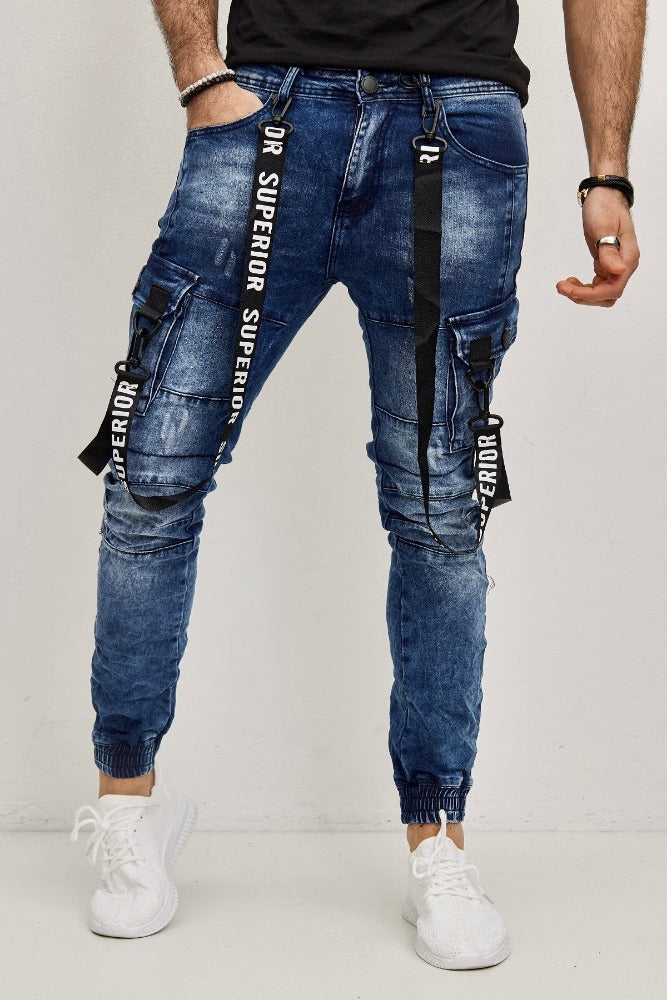 Jeans style jogger pant bleu homme fashion avec poches sur les cuisses