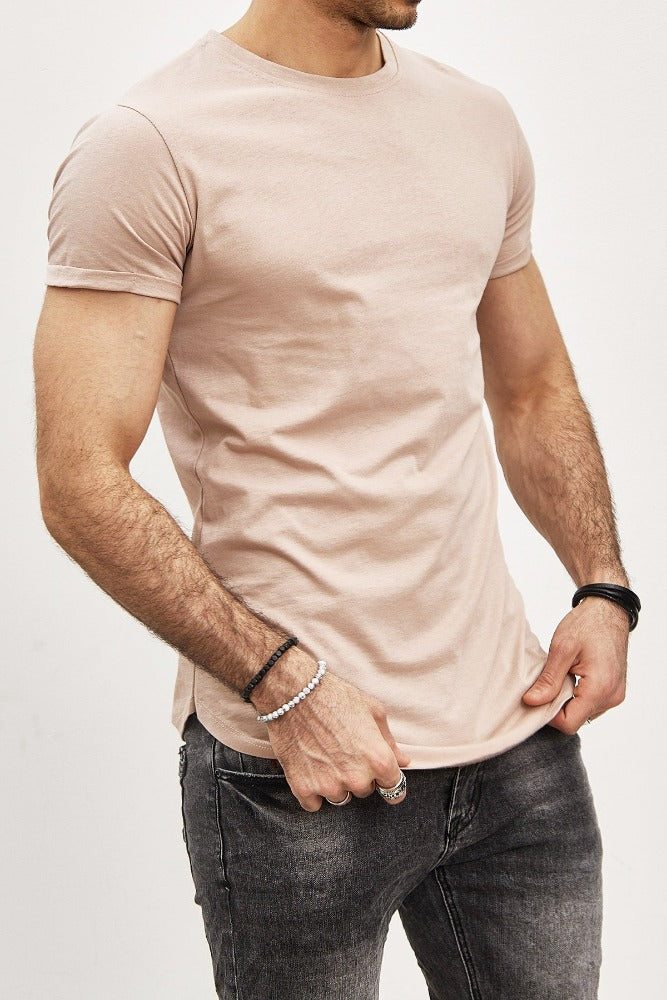T-shirt manches courtes oversize col rond beige coton homme1