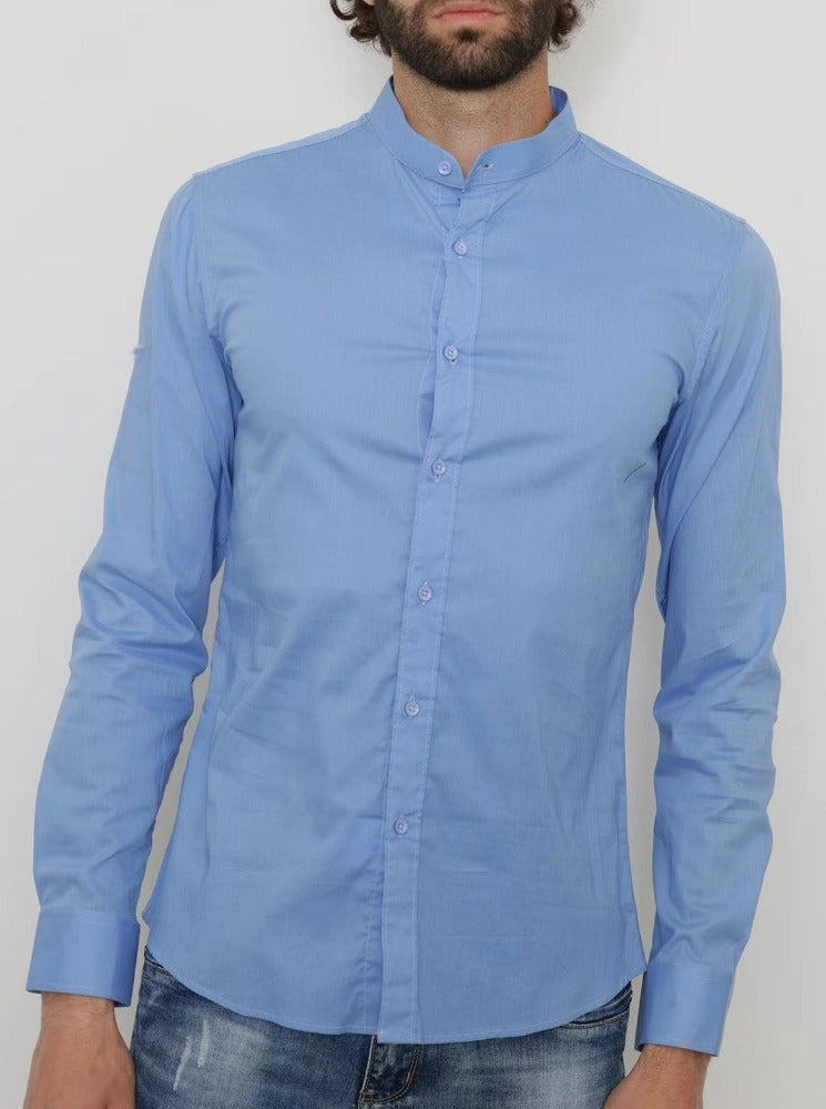 Chemise uni bleu clair avec col mao coupe slim