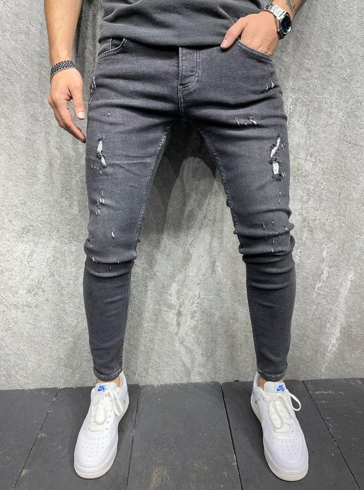 Jeans skinny gris classique avec déchirure homme ilannfive