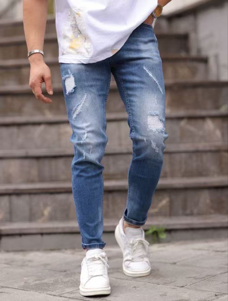 Jean skinny fit bleu clair effet destroy pour homme