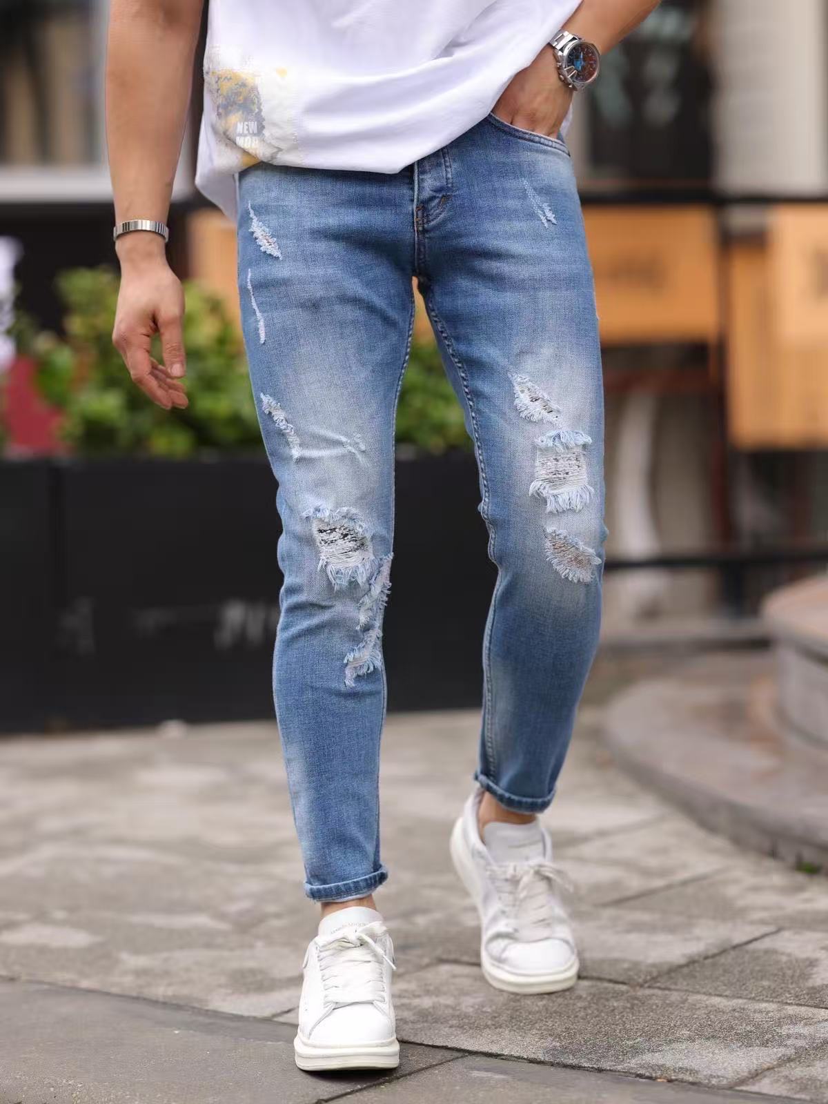 Jean slim fit bleu clair effet destroy extrême – Homme