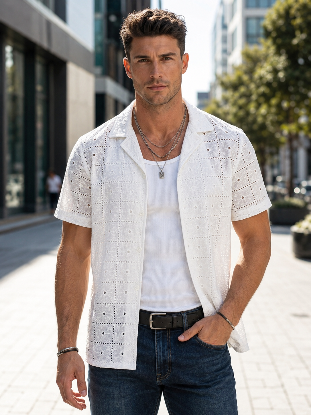 Chemise homme blanche brodée ajourée