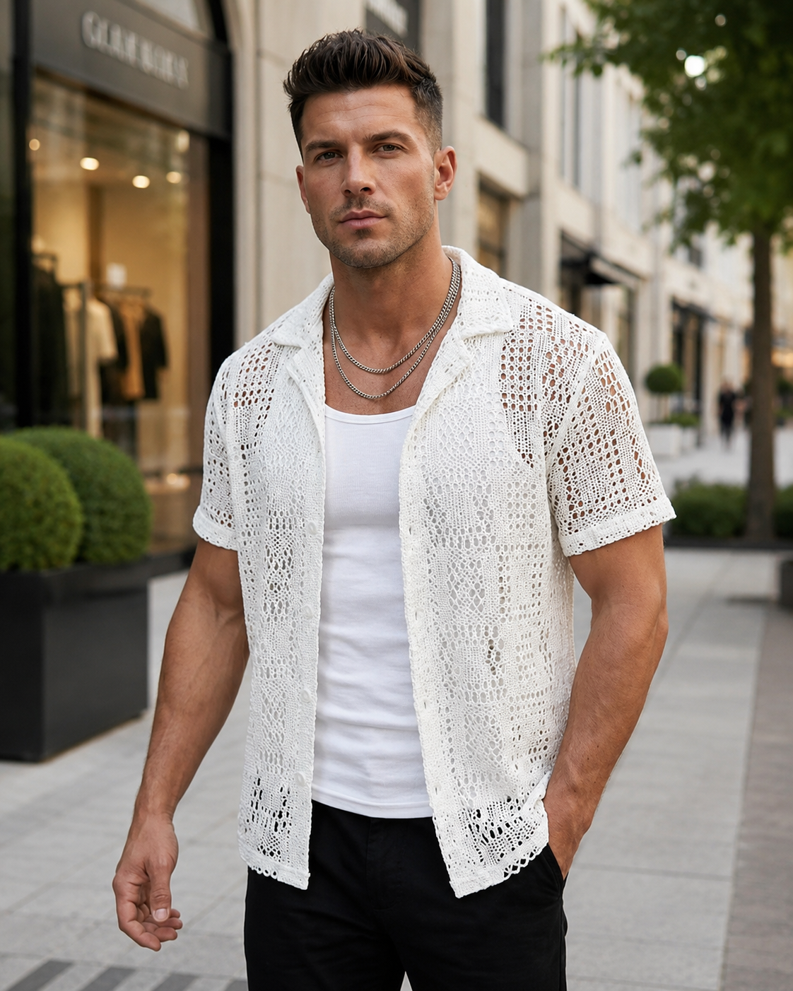 Chemise homme blanche ajourée façon crochet