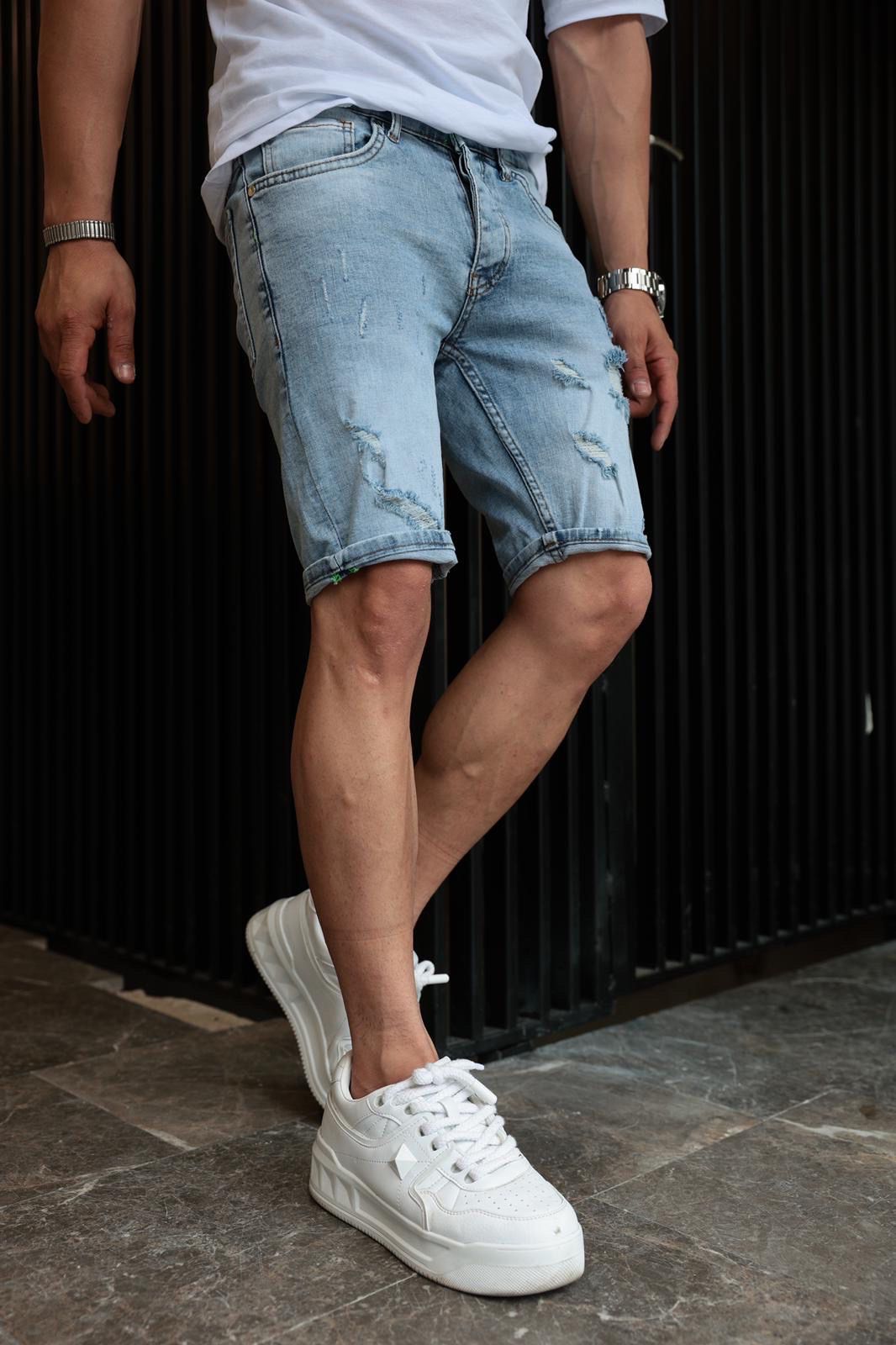 Short en jean déchiré bleu clair pour homme
