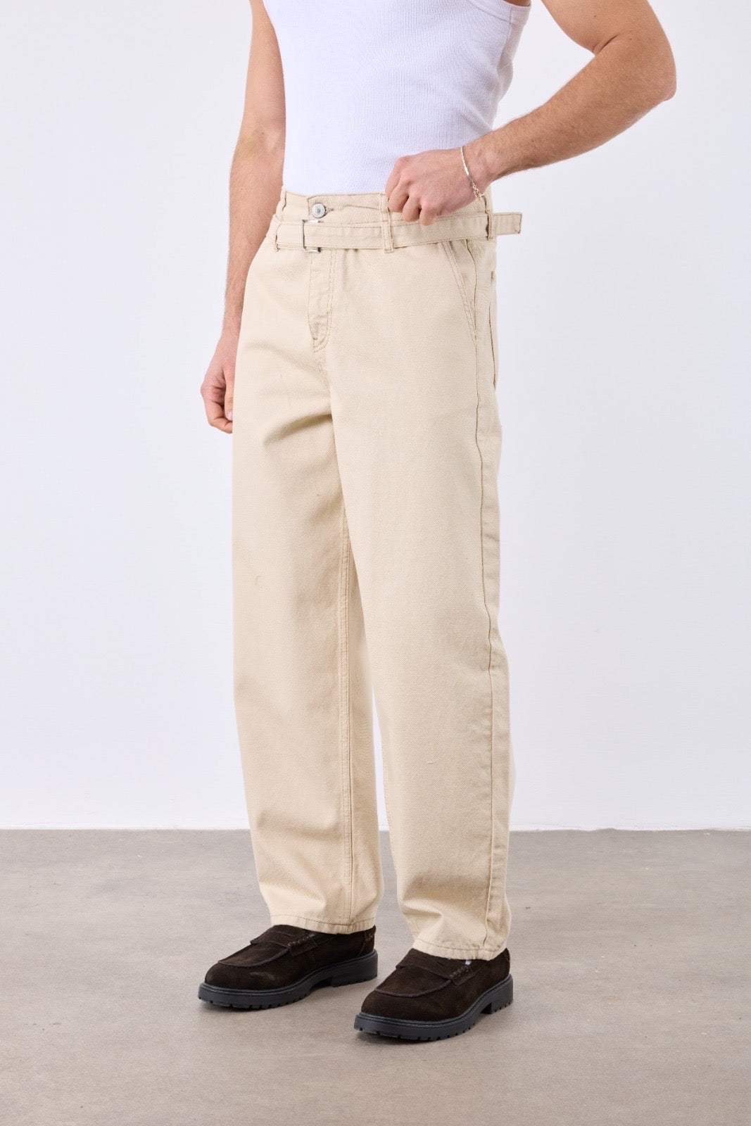 Jean Homme baggy Beige avec Ceinture Intégrée