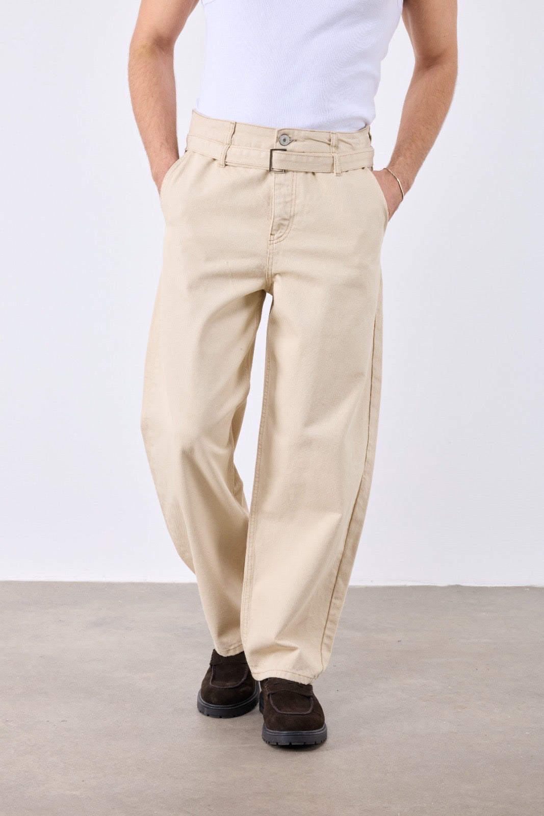 Jean Homme baggy Beige avec Ceinture Intégrée