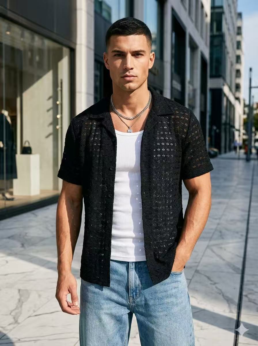 Chemise Homme Crochet Noire Manches Courtes
