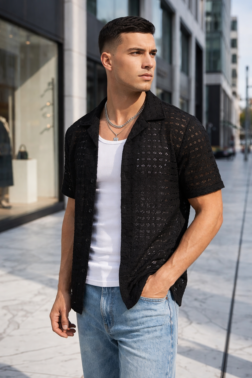 Chemise Homme Crochet Noire Manches Courtes