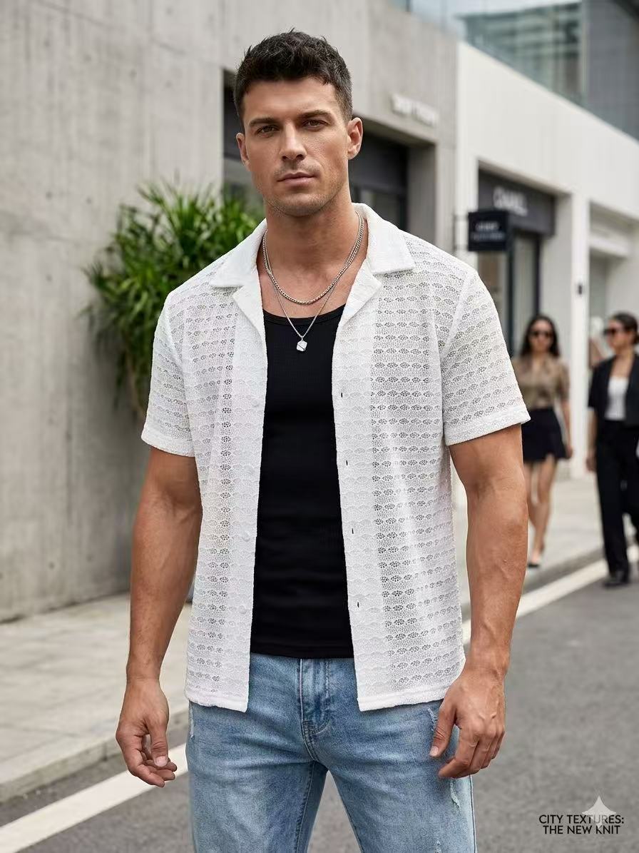 Chemise Homme Crochet Noire Manches Courtes