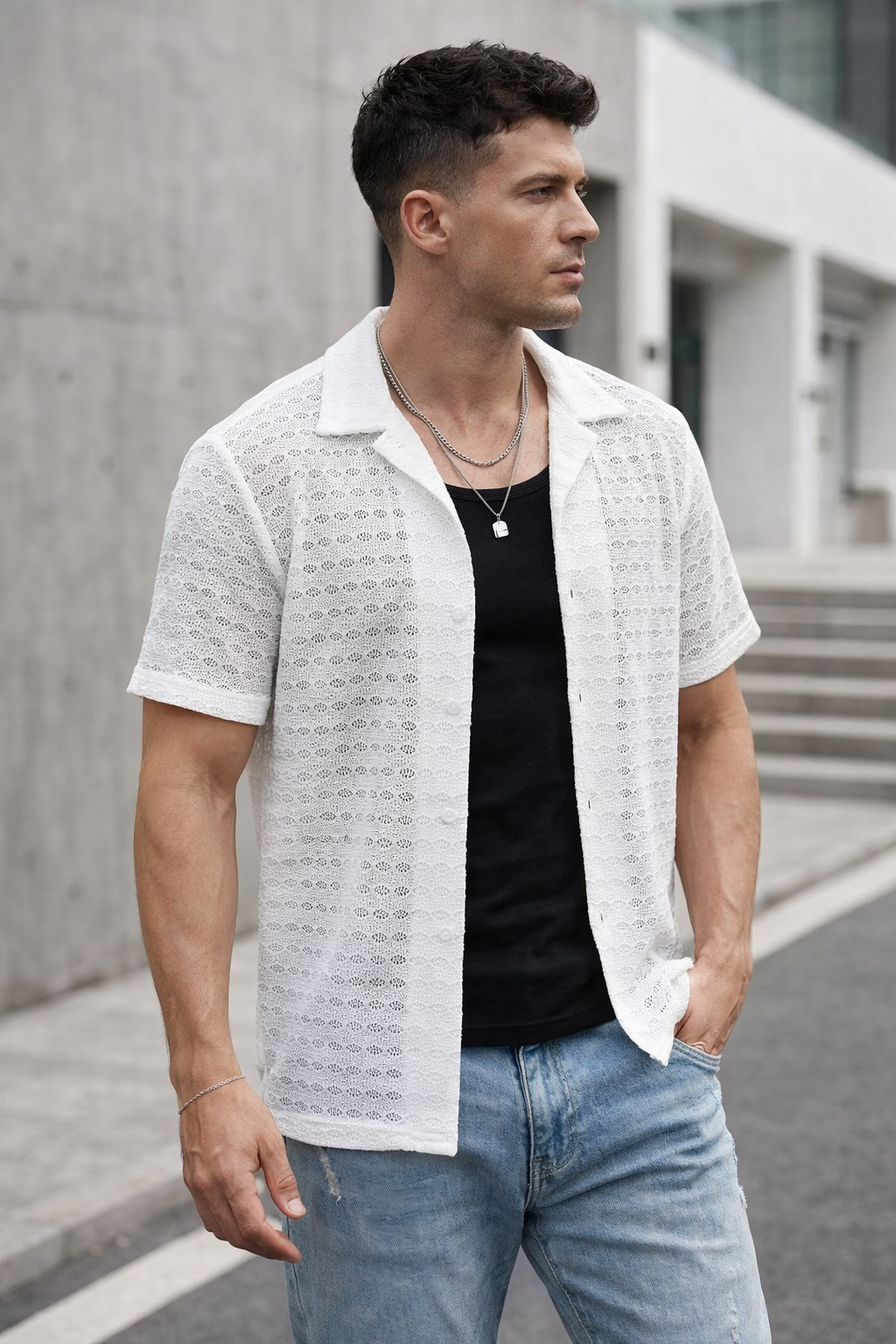 Chemise Homme Crochet Noire Manches Courtes