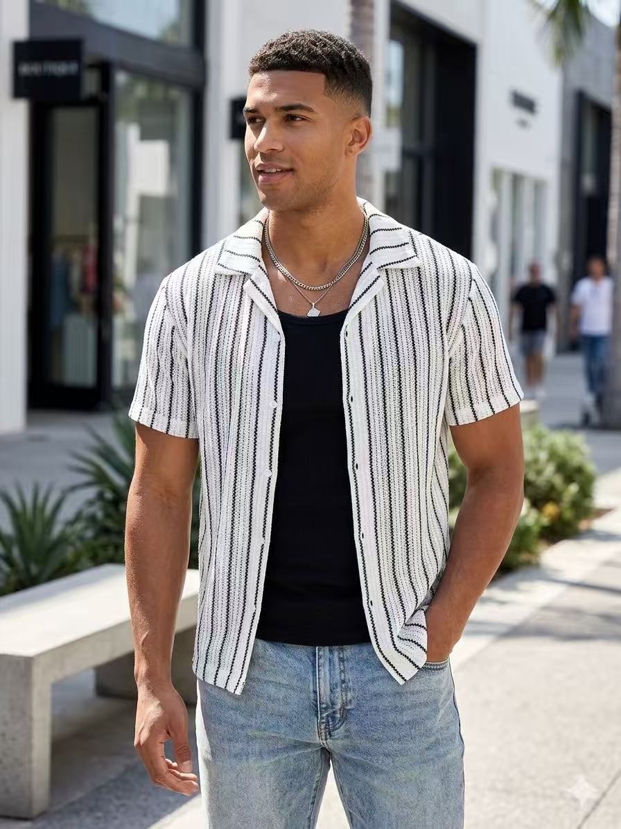 Chemise Homme Rayée Écru et Noir Manches Courtes