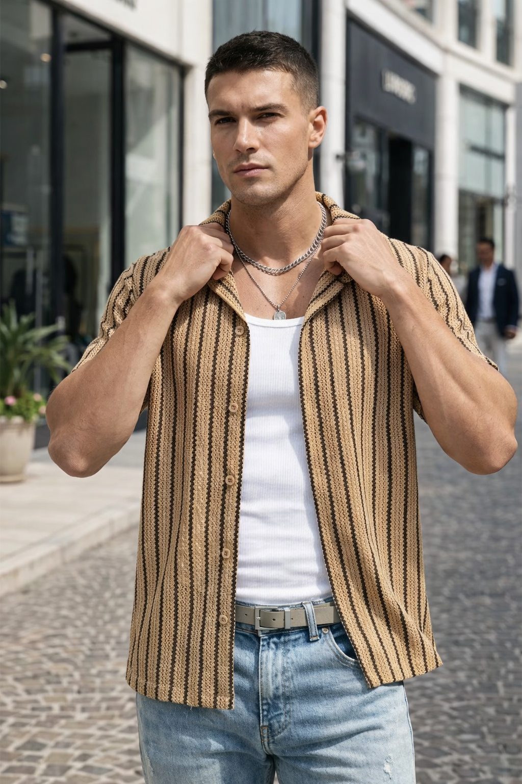 Chemise Homme Rayée Camel et Noir Manches Courtes