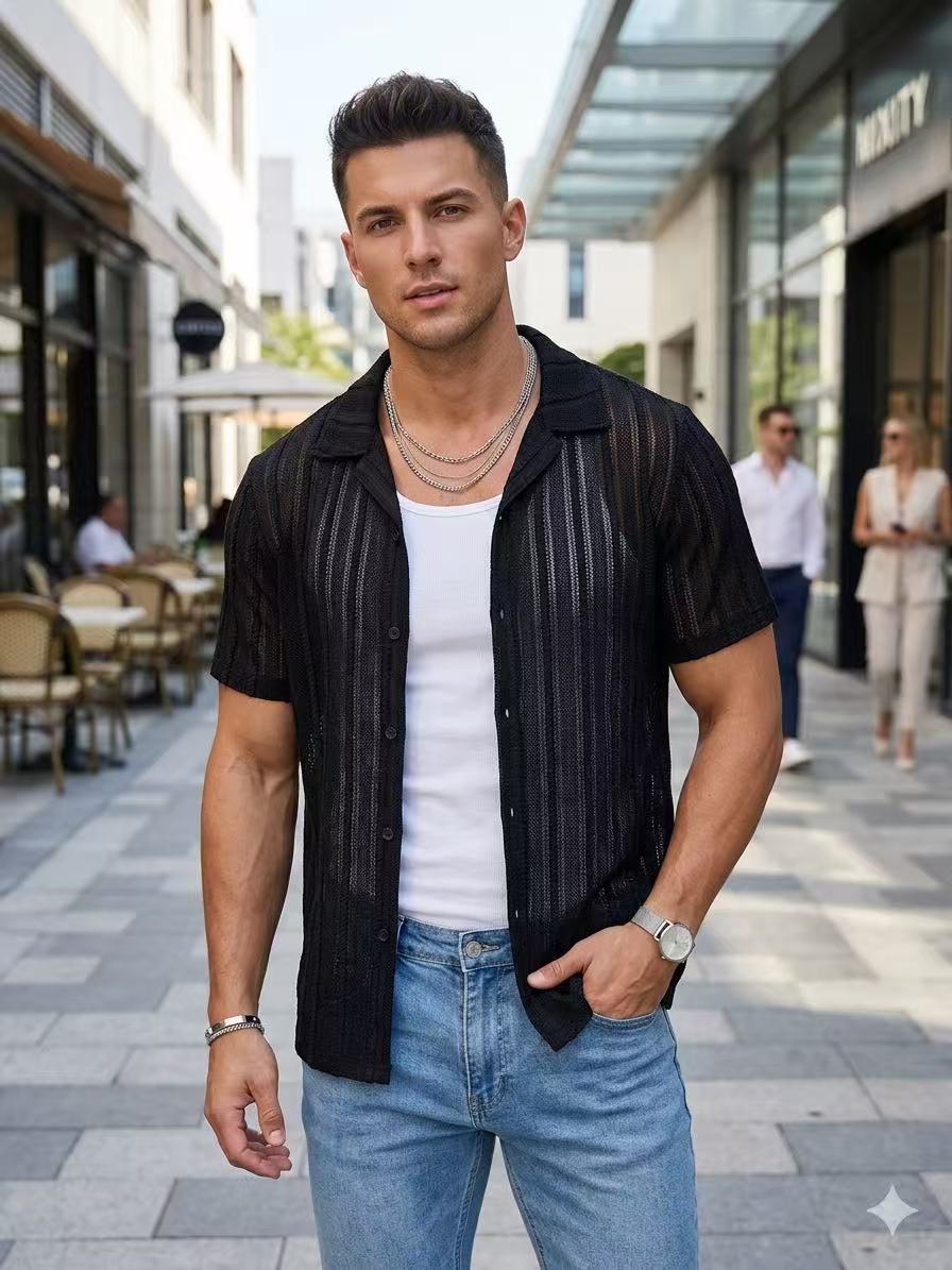 Chemise Manches Courtes Homme Noire Texturée à Rayures