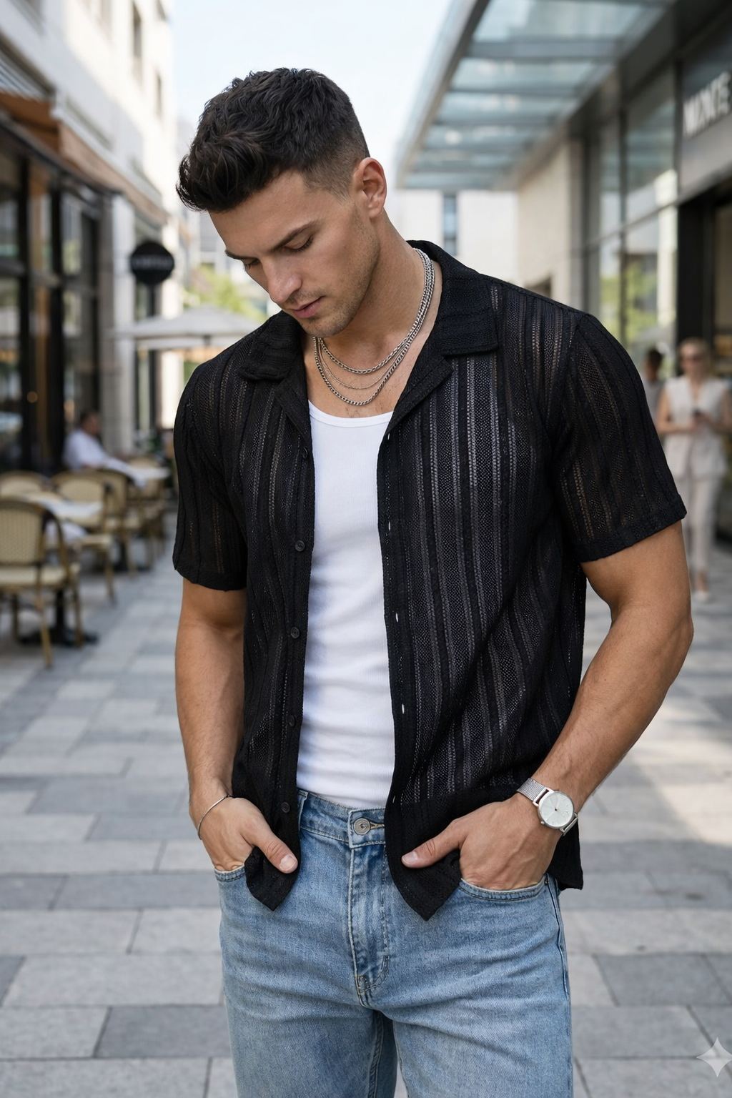 Chemise Manches Courtes Homme Noire Texturée à Rayures