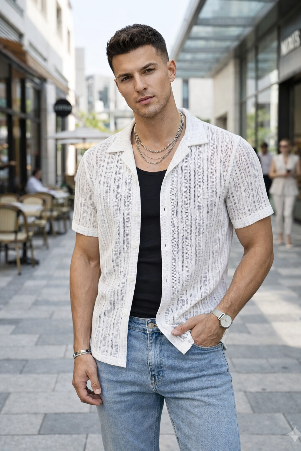Chemise Manches Courtes Homme Blanc Texturée à Rayures