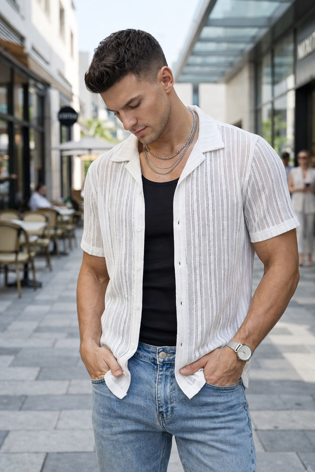 Chemise Manches Courtes Homme Blanc Texturée à Rayures