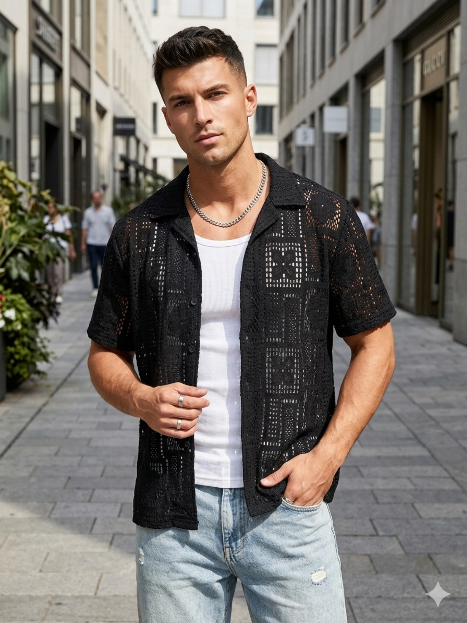 Chemise Manches Courtes Homme Noire Ajourée Motif Géométrique