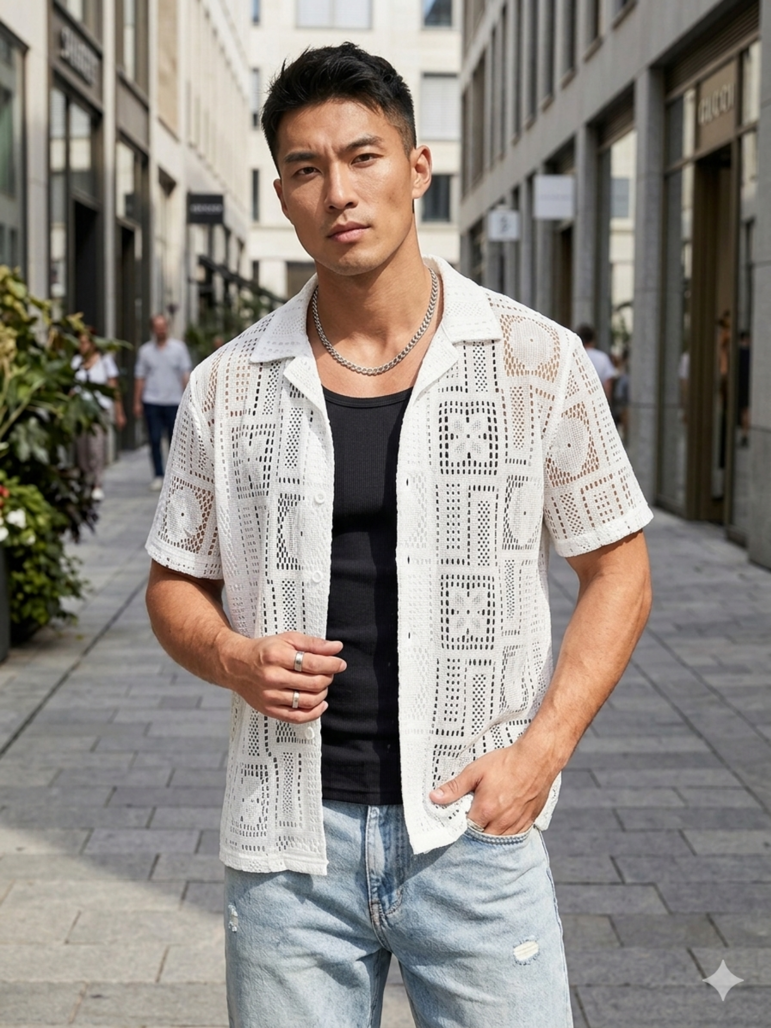 Chemise Manches Courtes Homme Blanc Ajourée Motif Géométrique