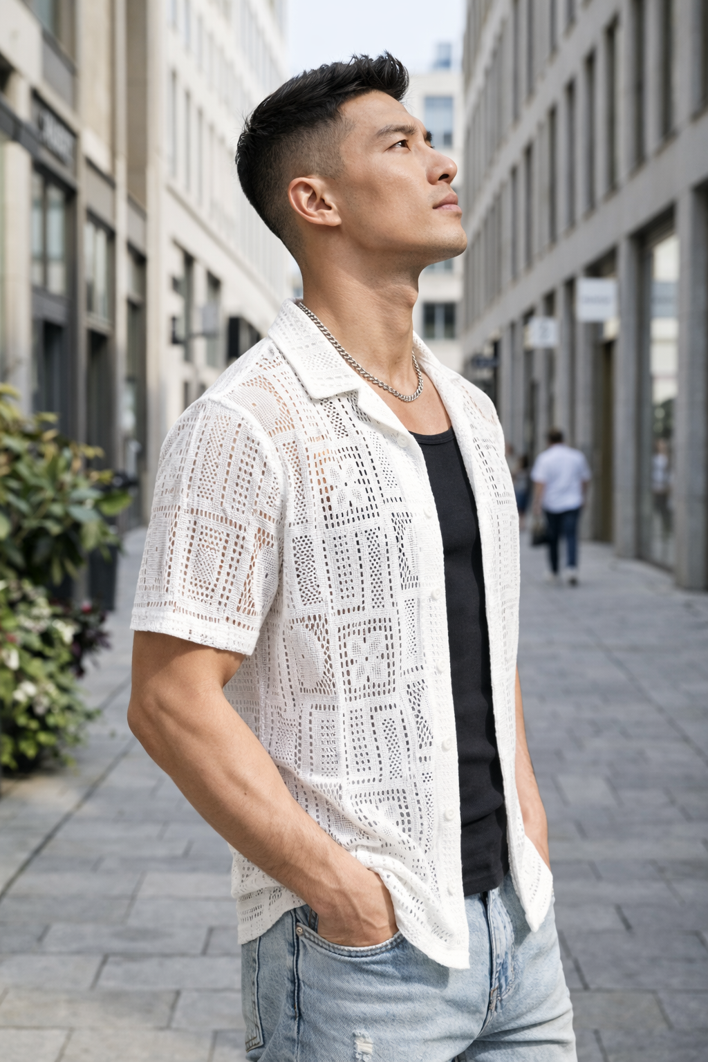 Chemise Manches Courtes Homme Blanc Ajourée Motif Géométrique