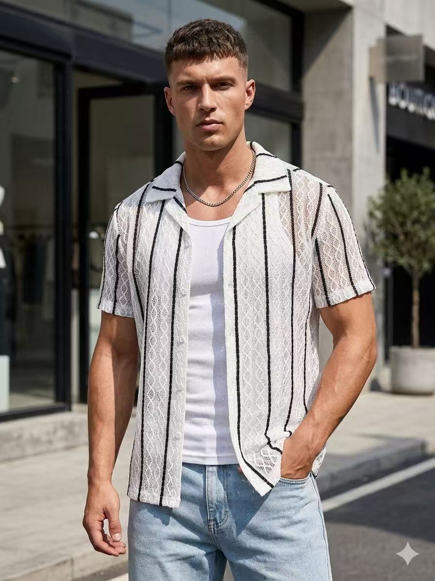 Chemise Manches Courtes Homme Blanche Texturée à Rayures Noires
