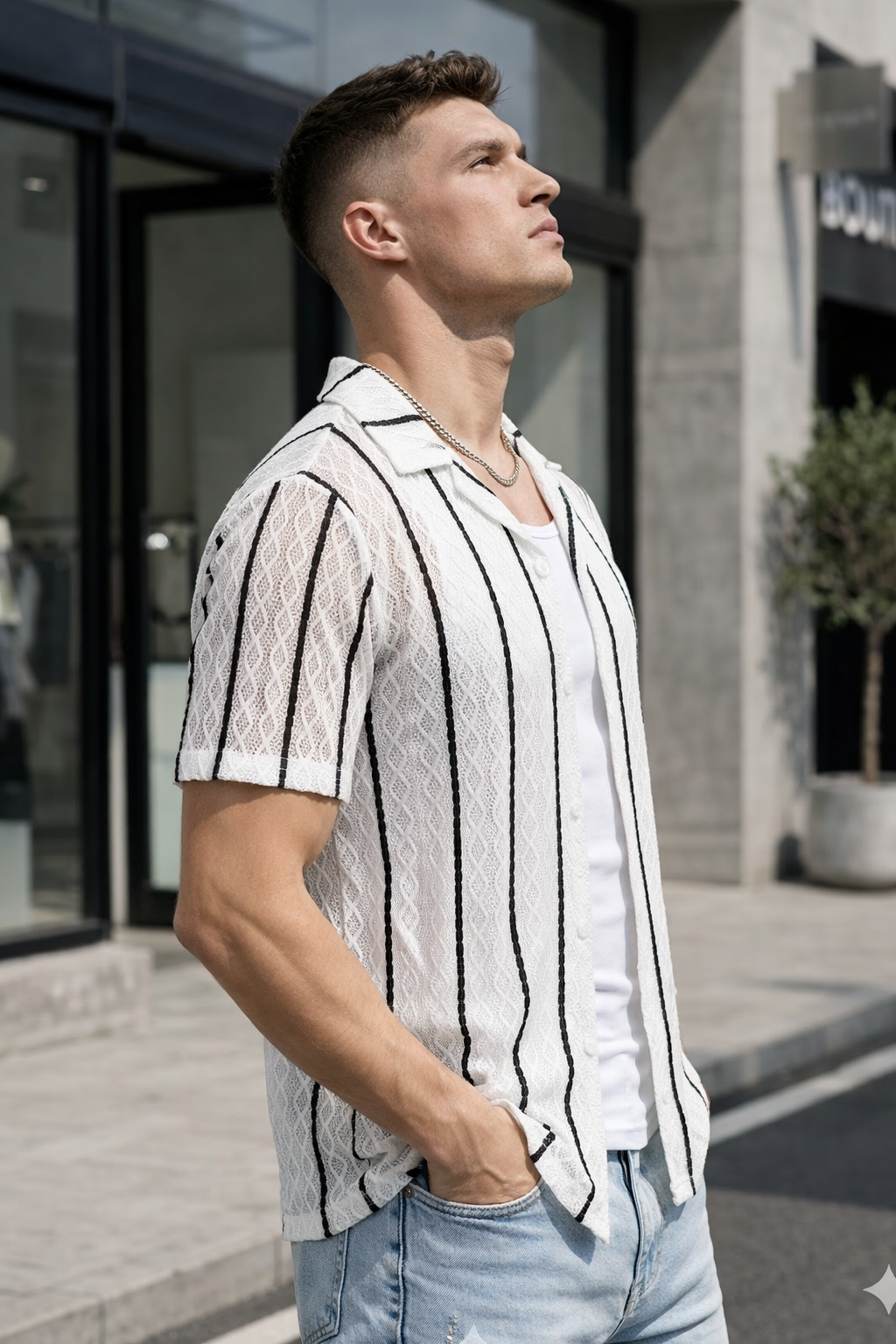 Chemise Manches Courtes Homme Blanche Texturée à Rayures Noires