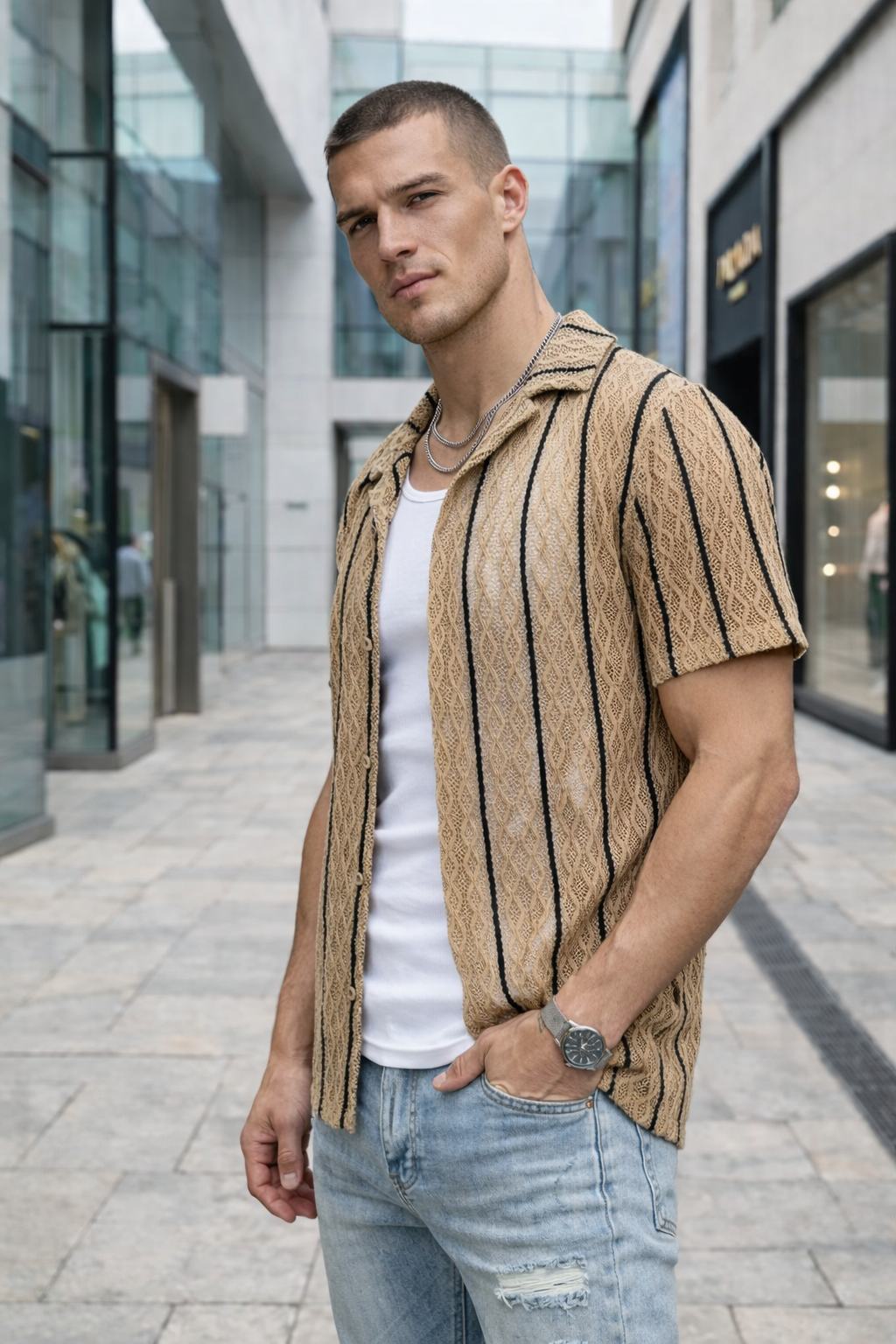 Chemise Manches Courtes Homme Camel Texturée à Rayures Noires