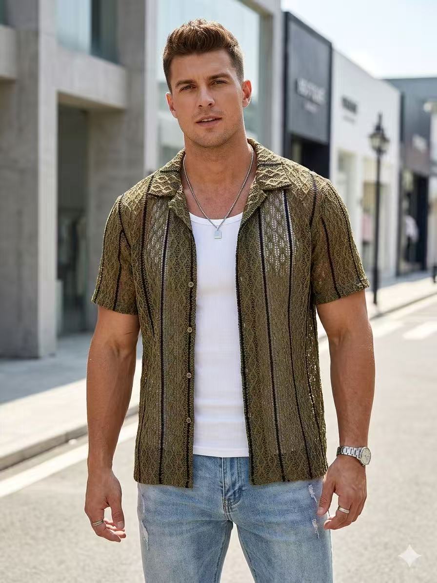 Chemise Manches Courtes Homme Vert Texturée à Rayures Noires