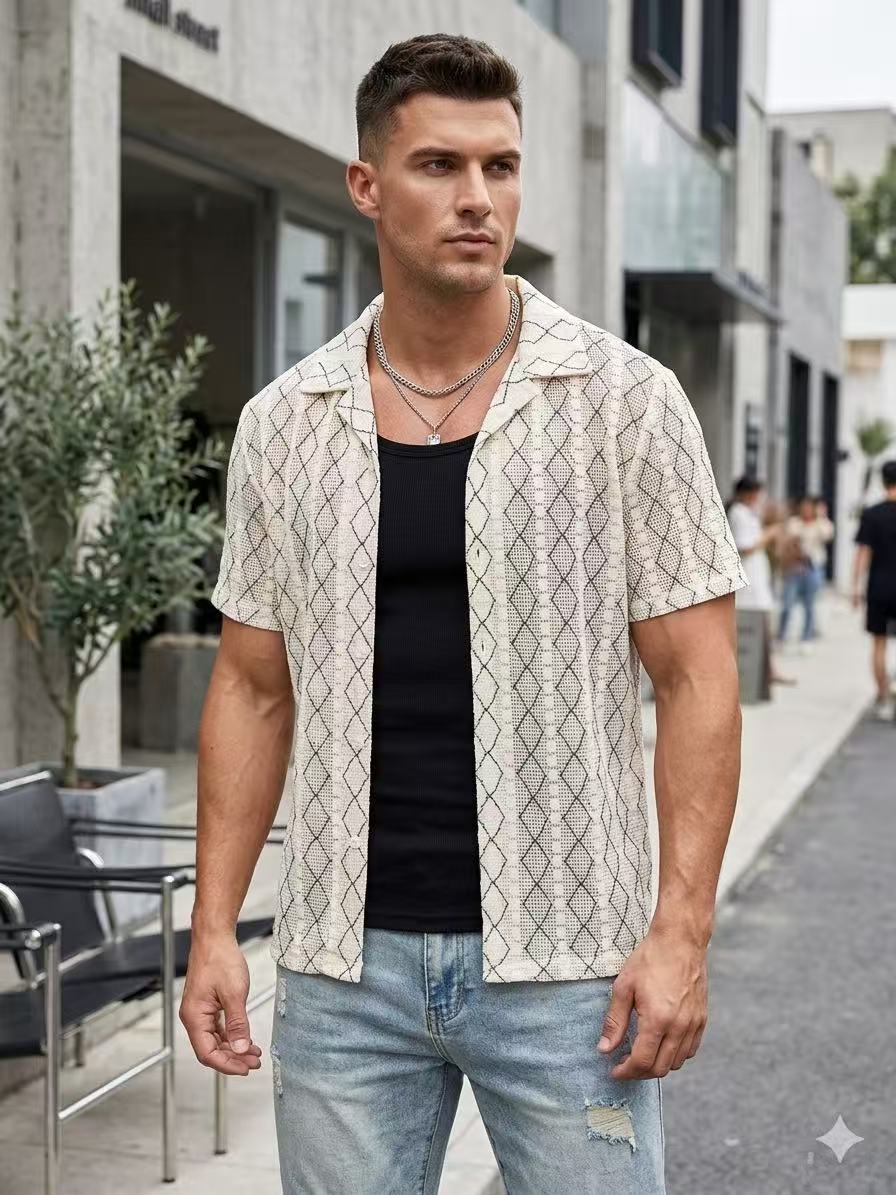 Chemise Manches Courtes Homme Beige Texturée Motif Géométrique