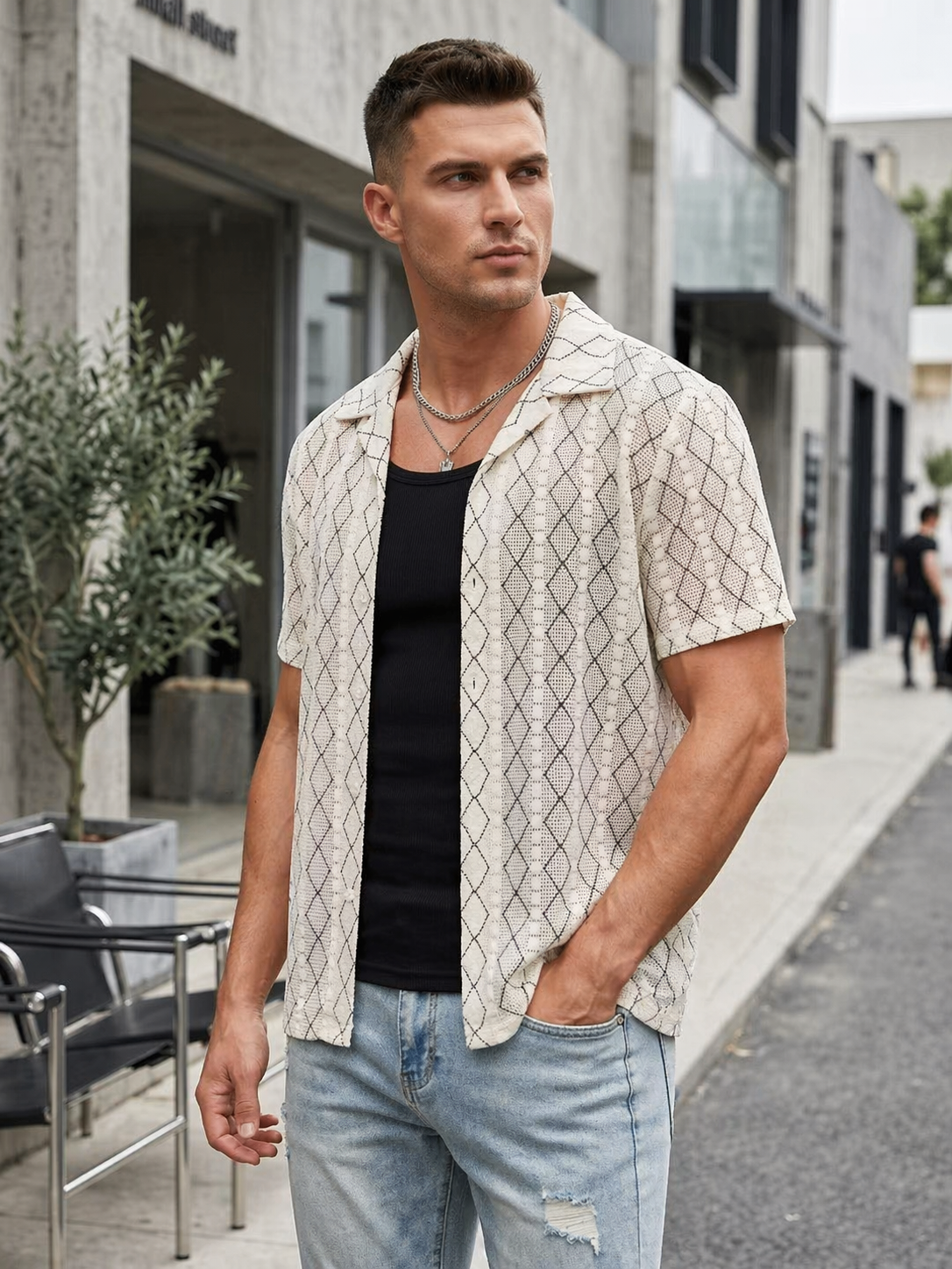 Chemise Manches Courtes Homme Beige Texturée Motif Géométrique