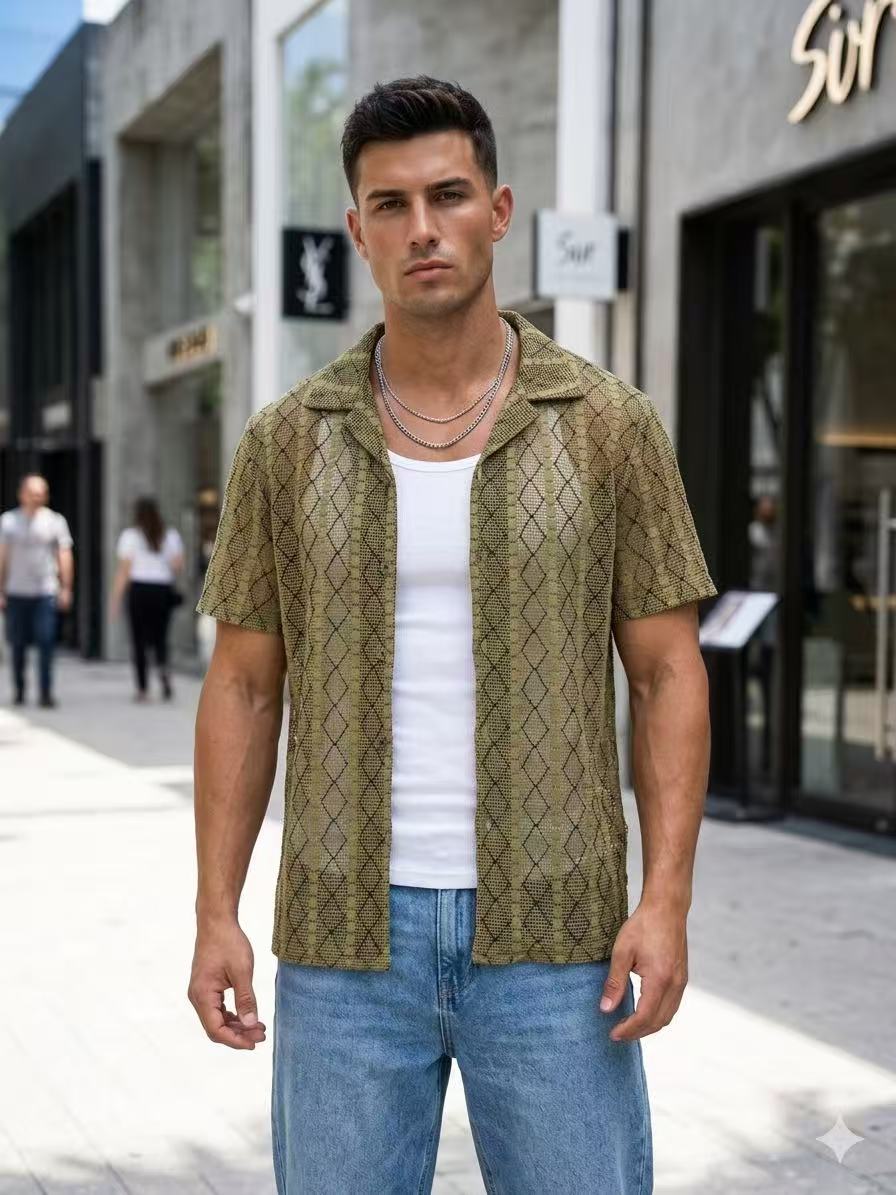 Chemise Manches Courtes Homme Vert Texturée Motif Géométrique