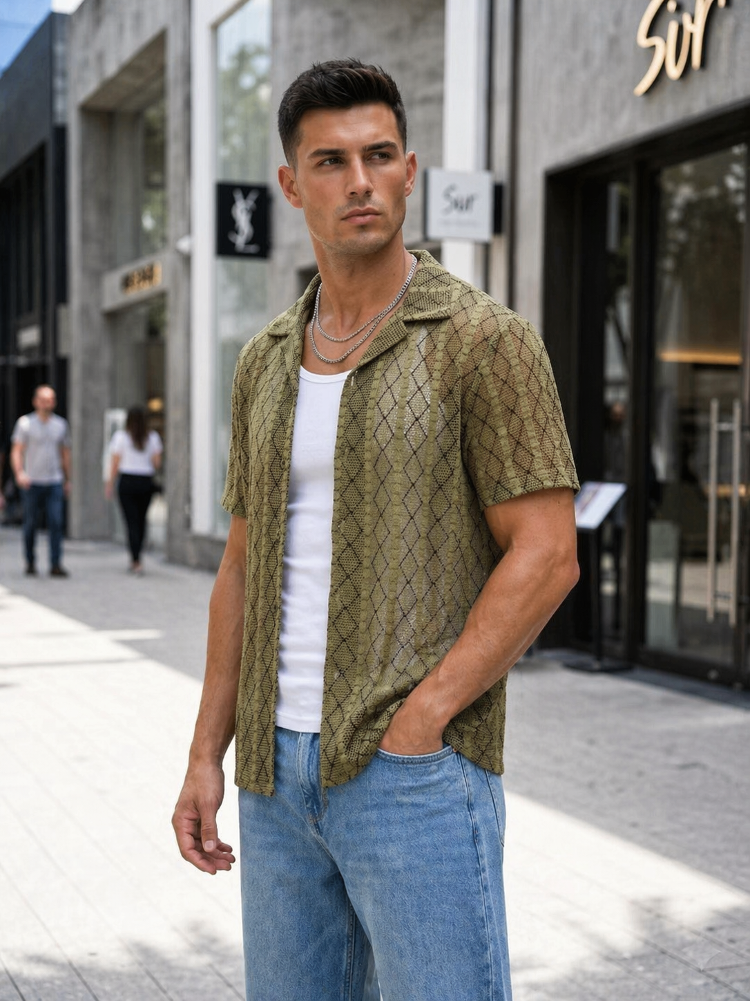 Chemise Manches Courtes Homme Vert Texturée Motif Géométrique