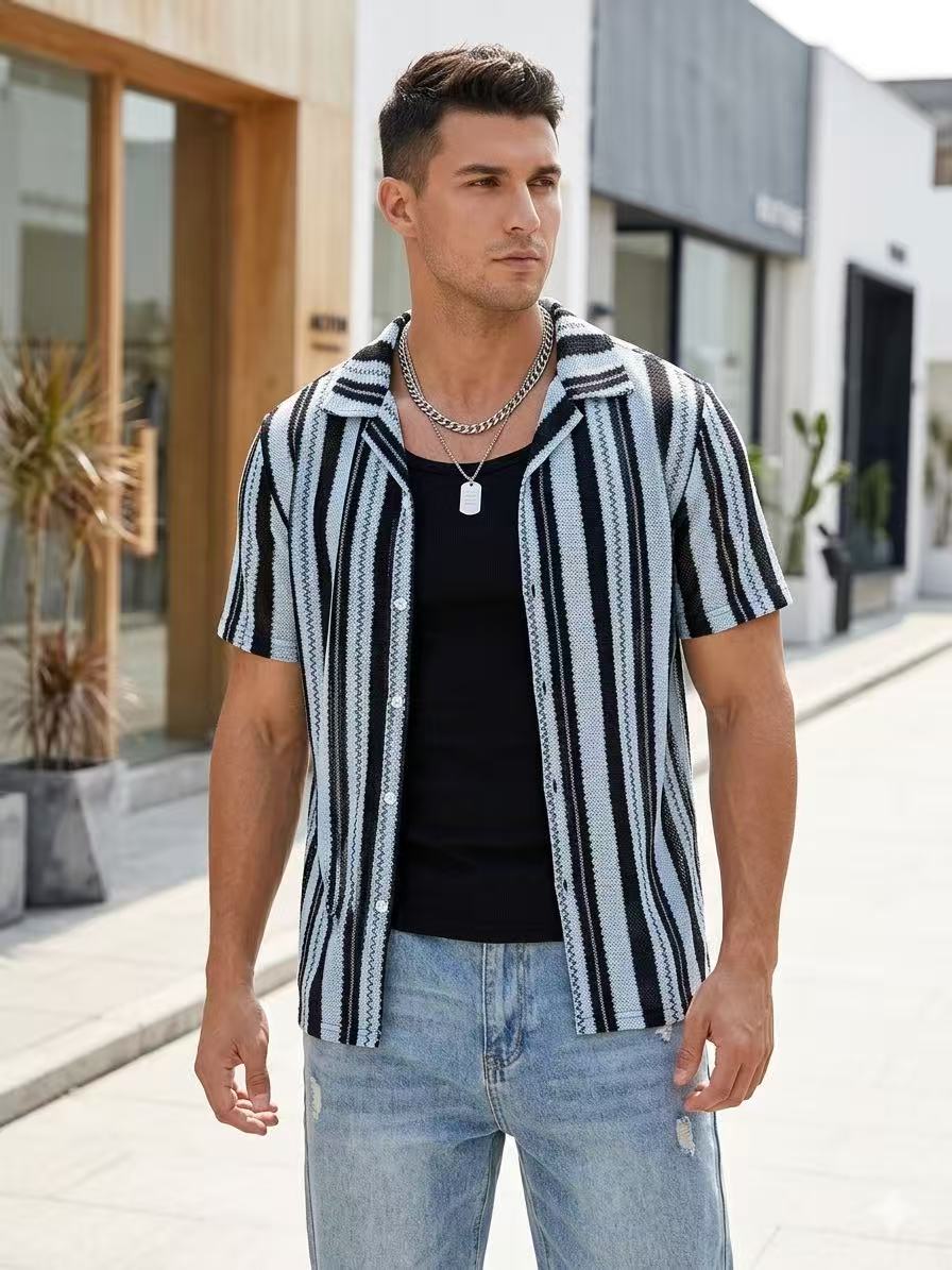 Chemise Manches Courtes Homme Rayée Noir & Bleu