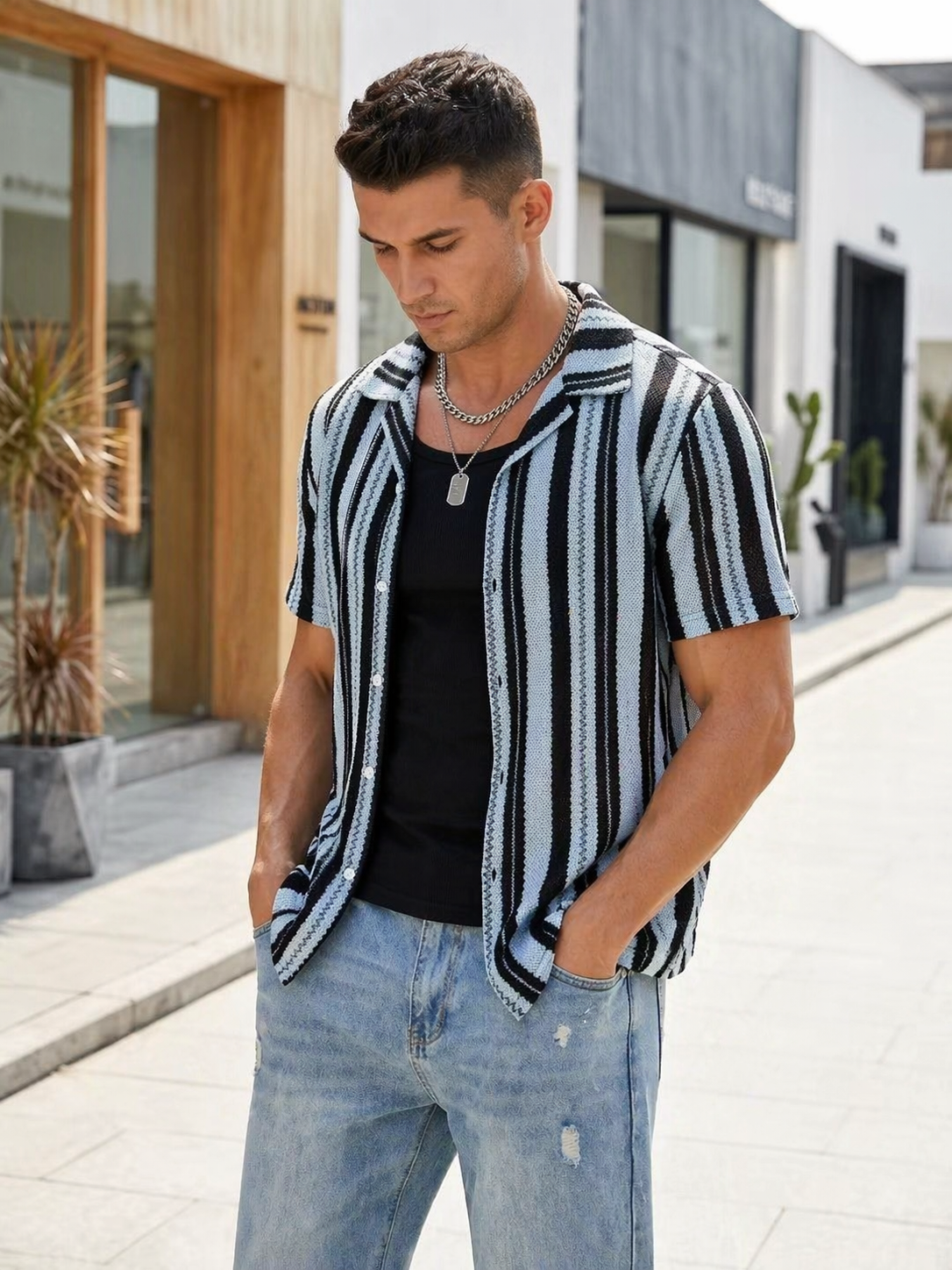 Chemise Manches Courtes Homme Rayée Noir & Bleu