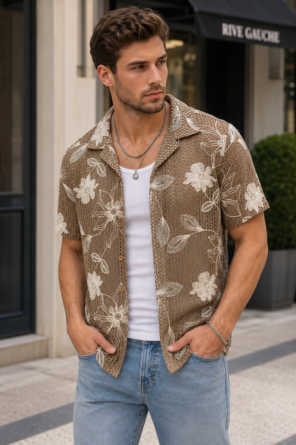 Chemise homme camel ajourée à broderies florales