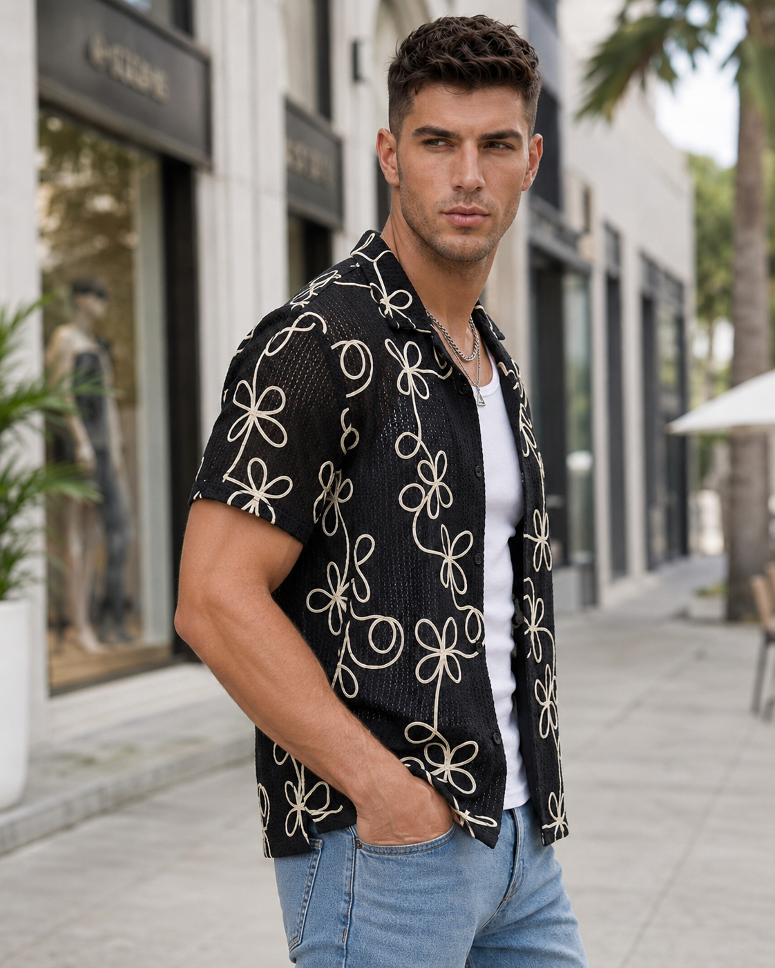Chemise homme noire ajourée à broderies florales écrues
