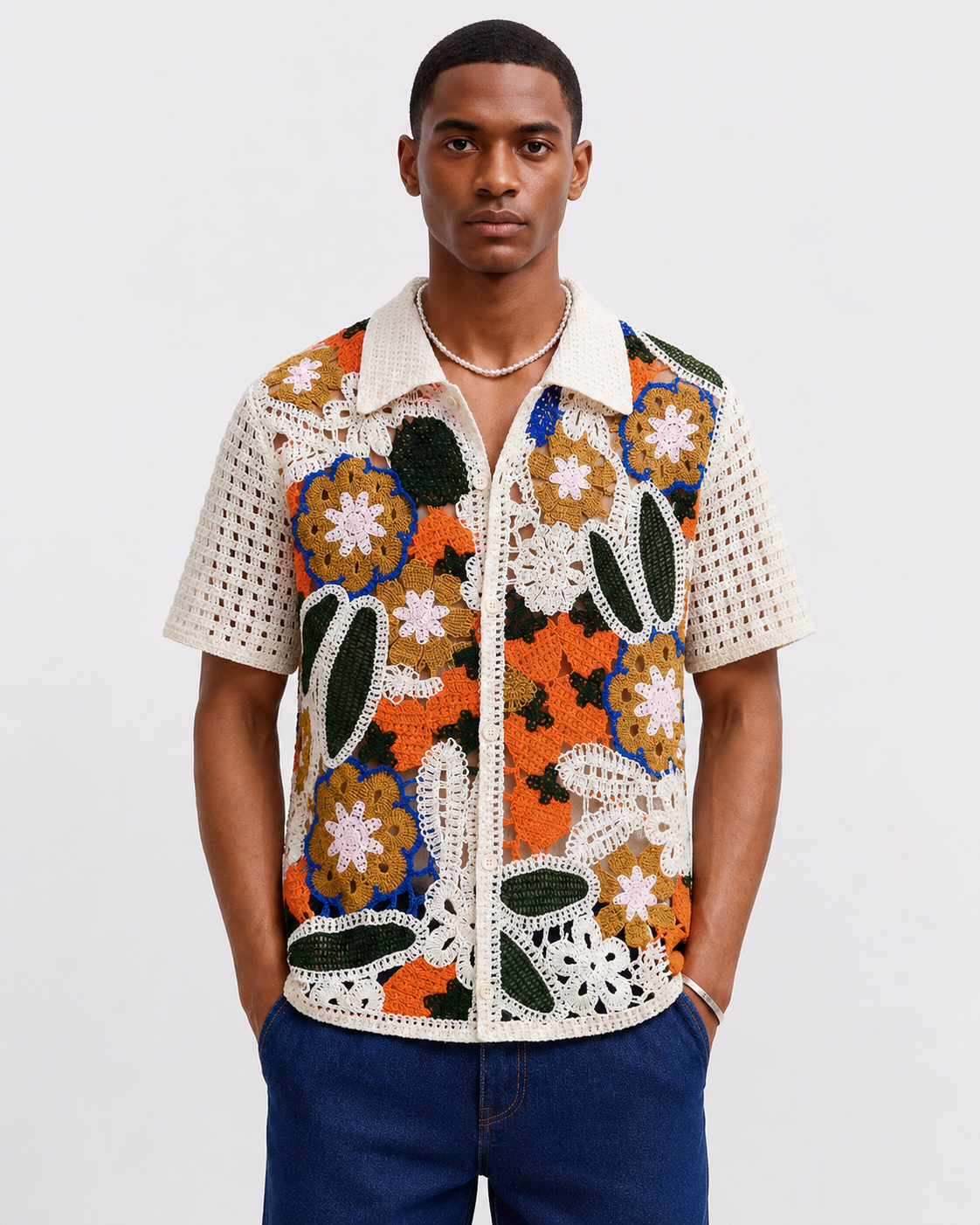 Chemise crochet floral multicolore homme