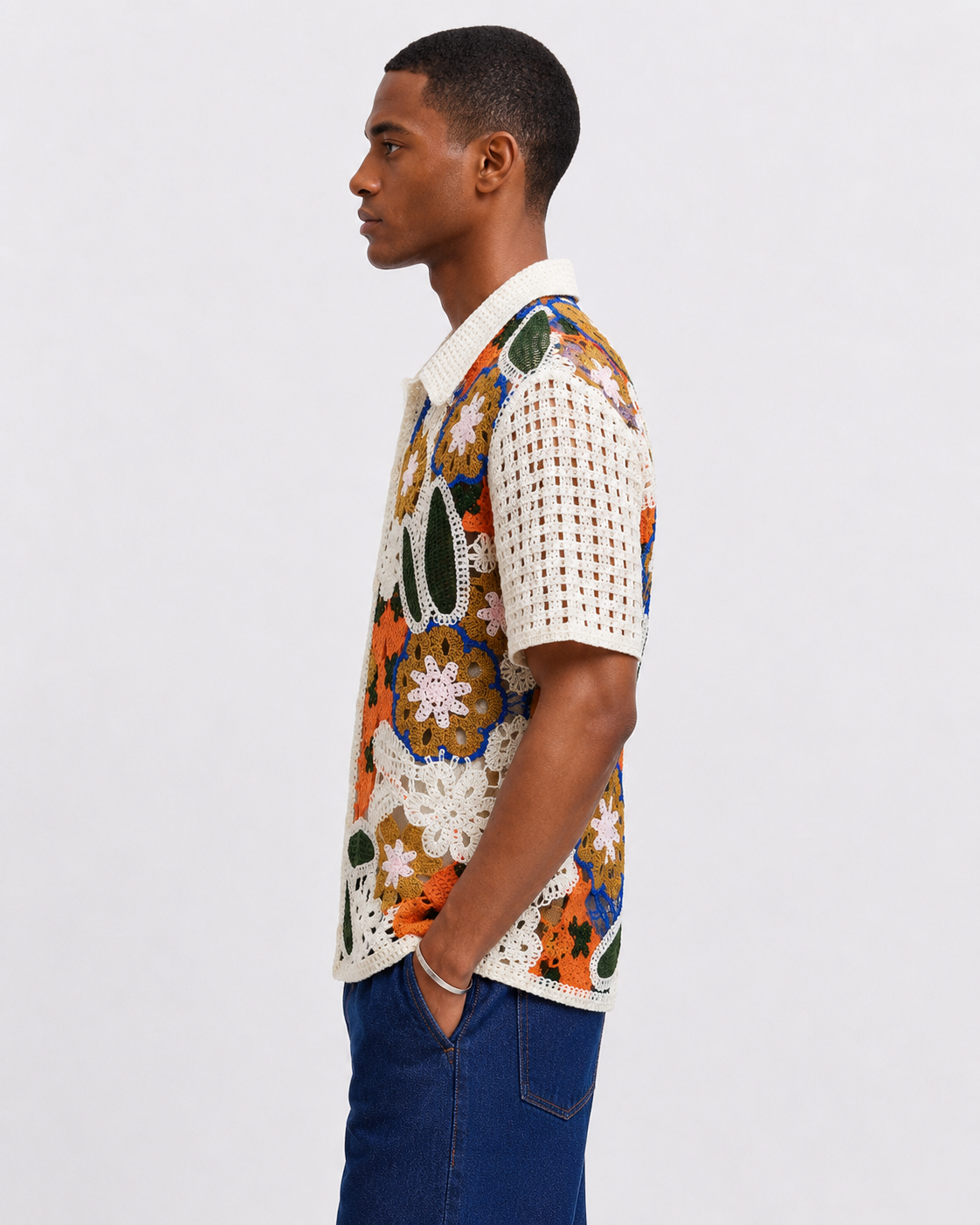 Chemise crochet floral multicolore homme
