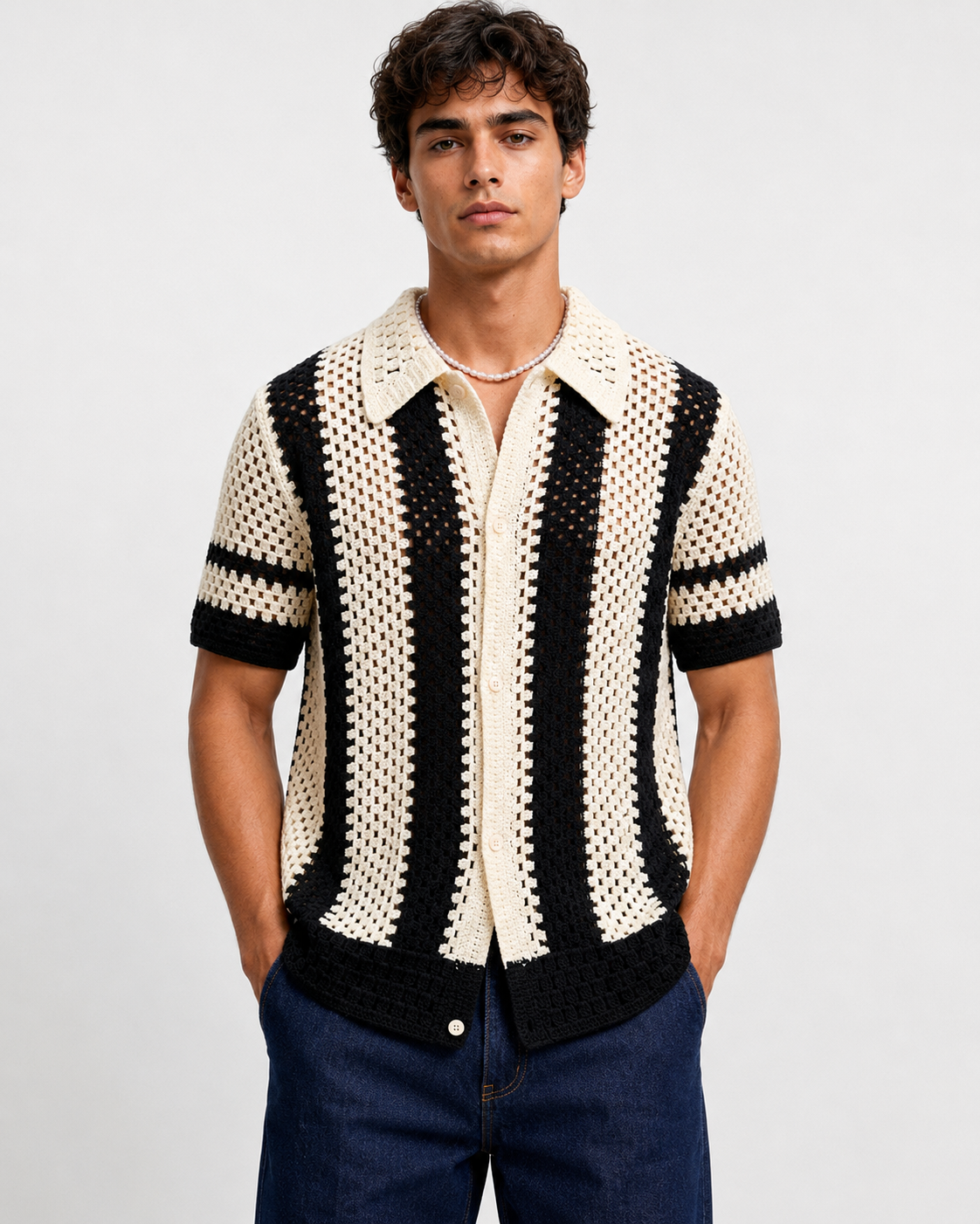 Chemise crochet rayée noir et beige homme