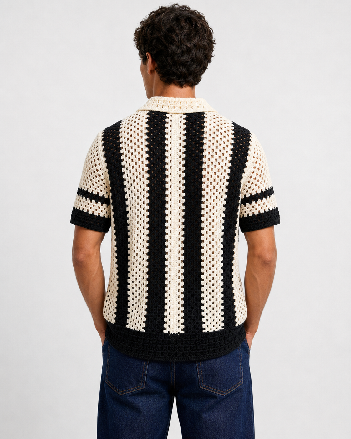 Chemise crochet rayée noir et beige homme