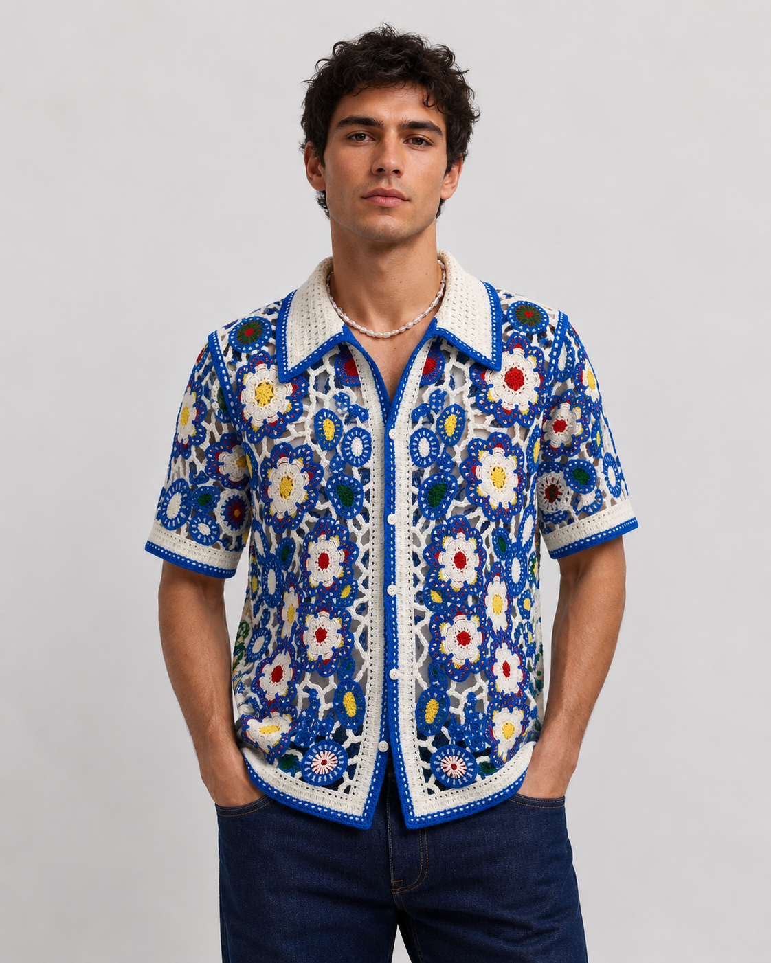 Chemise crochet floral bleu homme