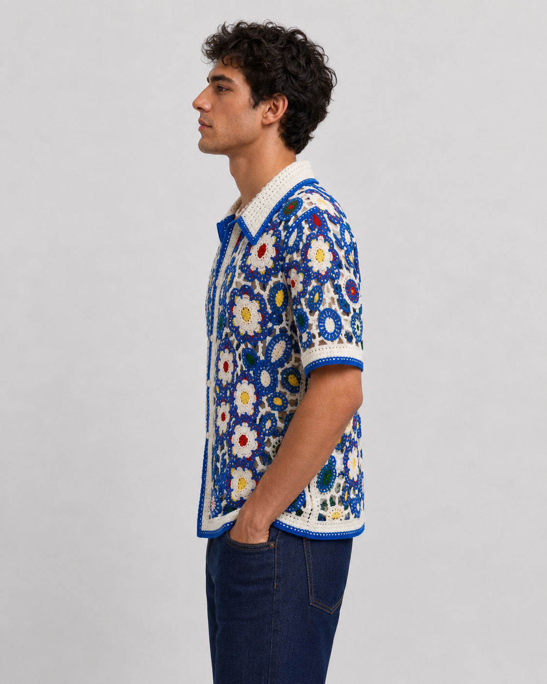 Chemise crochet floral bleu homme