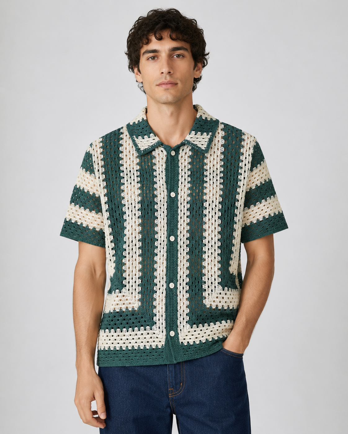 Chemise crochet rayée vert et écru homme