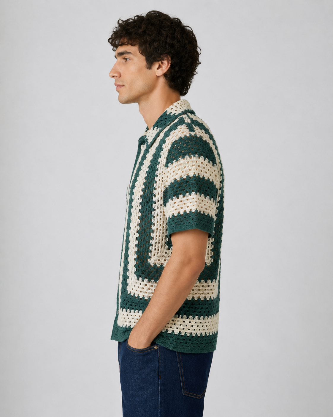 Chemise crochet rayée vert et écru homme
