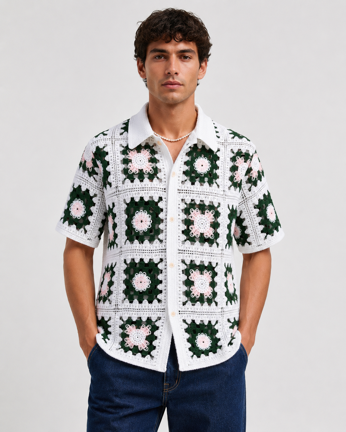 Chemise crochet carreaux verts homme